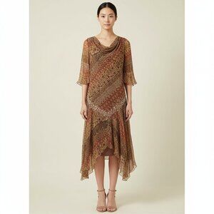 MIDNIGHT VELVET Crinkle Chiffon BOHO Scarf Hem 3/4 sleeve Maxi Dress Women M